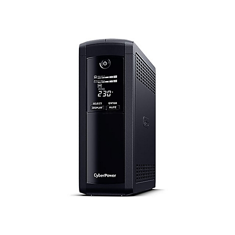 Schwarze CyberPower USV, vorne ein Display mit Anzeige 230, und Logo.