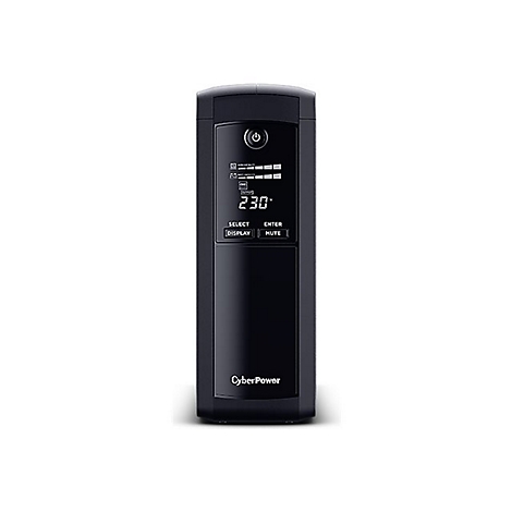 Schwarze USV mit Display. Oben ist ein Power-Knopf. In der Mitte werden Informationen angezeigt, darunter 230 und die Markennamen CyberPower.