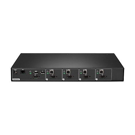 Schwarzer HDMI-Switch mit mehreren Anschlüssen, beschriftet mit Nummern. Auf der linken Seite befindet sich die Bezeichnung "Console".