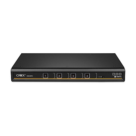Schwarzer CYBEX SC840DPH Switch vor weißem Hintergrund. Mit Zahlen von 1 bis 4. Vertiv Logo.