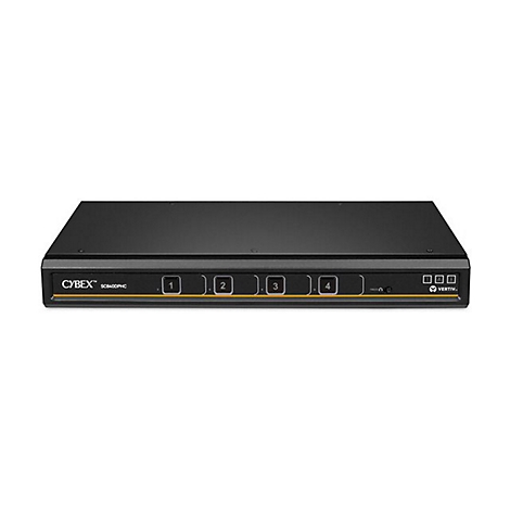 Schwarzes KVM-Switch-Gerät. Auf der Vorderseite: CYBEX-Logo, Ziffern 1-4, Vertiv-Logo.