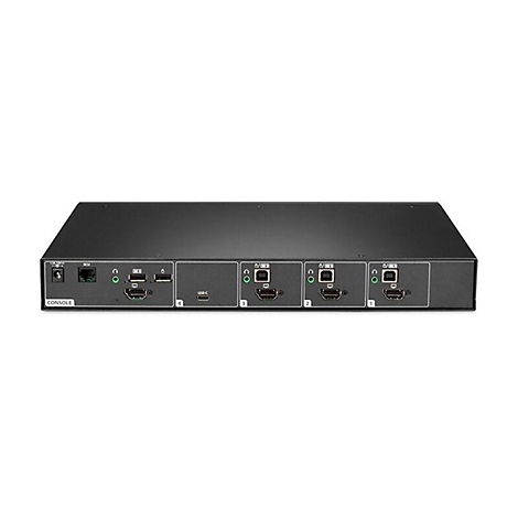 Ein schwarzes Steuergerät mit Anschlüssen, wie HDMI und USB-C, vor weißem Hintergrund.