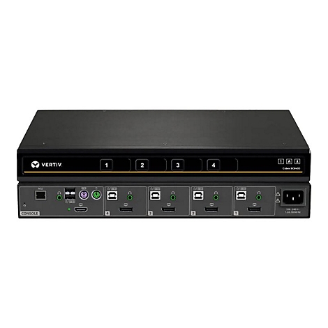 Schwarzer Vertiv Cybex SC8400 Switch. Mit verschiedenen Ports und Anschlüssen.
