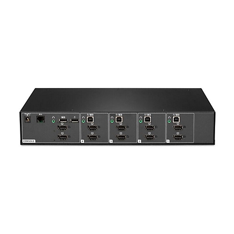 Schwarzes HDMI-Gerät mit mehreren Eingängen und Ausgängen, beschriftet mit Zahlen und Anschlüssen. Der Schriftzug "CONSOLE" ist ebenfalls zu sehen.