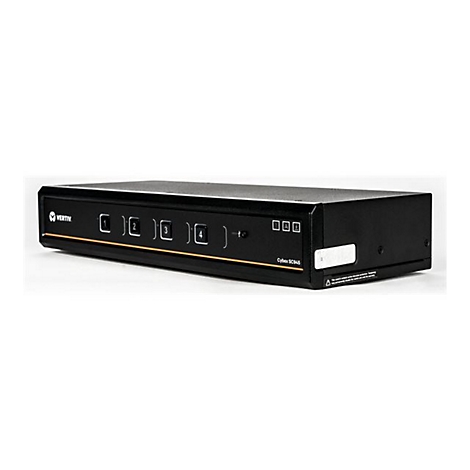 Ein schwarzer KVM-Switch von Vertiv mit vier Eingängen, bedruckt mit Beschriftungen.