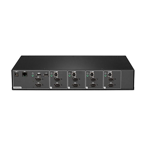 Schwarzer HDMI-Switch mit mehreren Anschlüssen, beschriftet mit Nummern. Aufschrift: 'CONSOLE'.