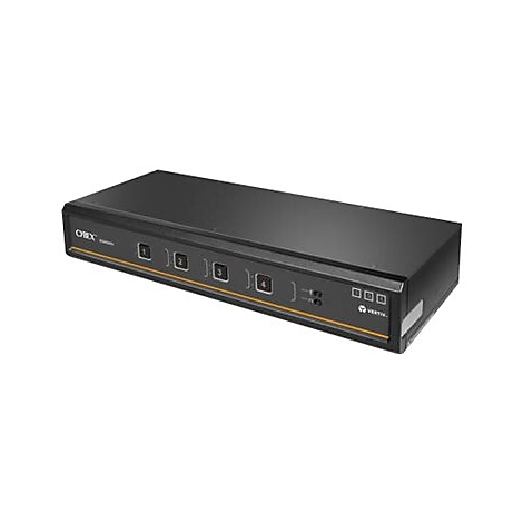 Schwarzer Netzwerk-Switch mit vier Tasten. Auf der Oberfläche sind Beschriftungen und das Vertiv-Logo zu sehen.