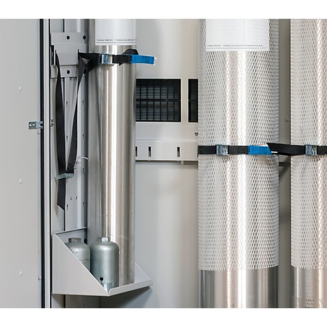Metal cylinders with blue straps and brackets on a wall. Small cylinders on the shelf.