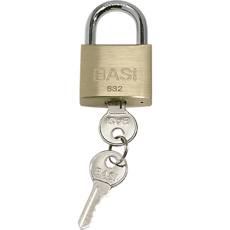 Brass padlock, silver shackle, and two keys.