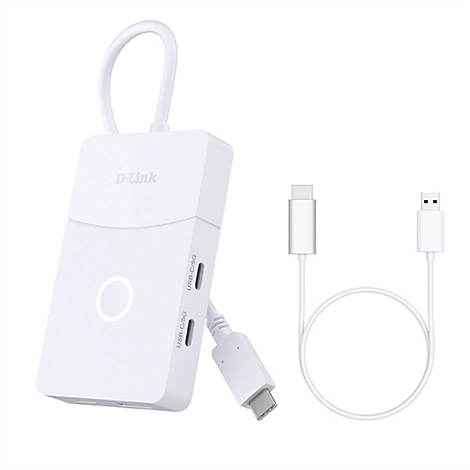 Ein weißer D-Link-USB-C-Hub mit Kabeln.
