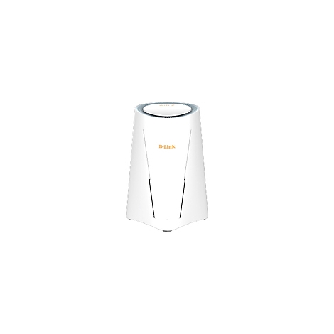 Weißer D-Link WLAN-Router. Oberteil mit grauer Leiste, darunter das D-Link-Logo. Zwei dunkle Antennen ragen hervor.