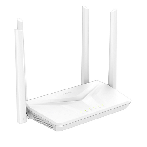 Weißer D-Link WLAN-Router mit vier Antennen vor weißem Hintergrund.