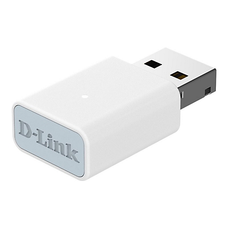 Weißer D-Link USB-Adapter mit USB-A-Stecker. Der Adapter hat das Logo "D-Link" und ein graues Rechteck.