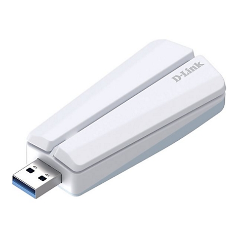 Ein weißer D-Link WLAN-Adapter. Er hat einen USB-Anschluss und das D-Link Logo.