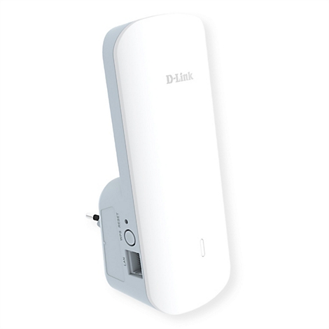 D-Link WLAN-Repeater, weiß und grau, Detailansicht. Mit WPS-Taste, LAN-Anschluss und Netzstecker.