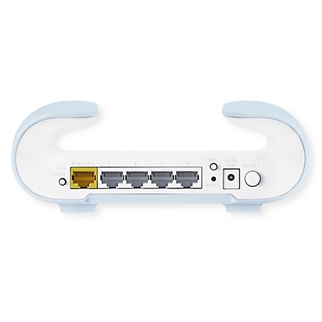 Hellblaues, geschwungenes Netzwerkgerät mit Anschlüssen für Internet und Strom.