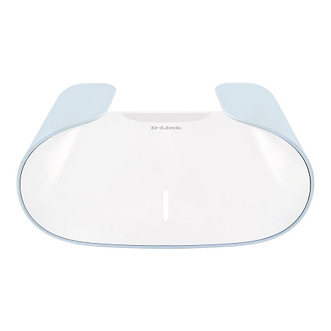 Ein weißer D-Link Router mit hellblauen Akzenten und einer ovalen Form, isoliert auf weißem Hintergrund.