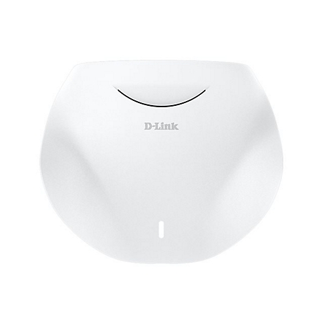 D-Link WLAN Access Point, weiß, von oben. Oben ein schmaler Schlitz und das D-Link Logo. Unterhalb ein kleiner senkrechter Strich.