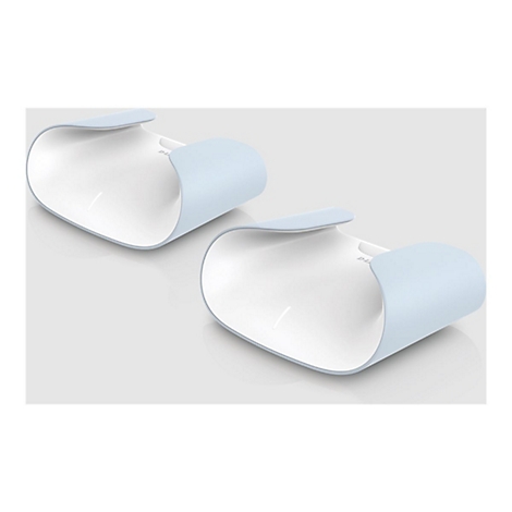 Zwei hellblaue, ovale Halterungen, die leicht angehoben sind, vor hellem Hintergrund.