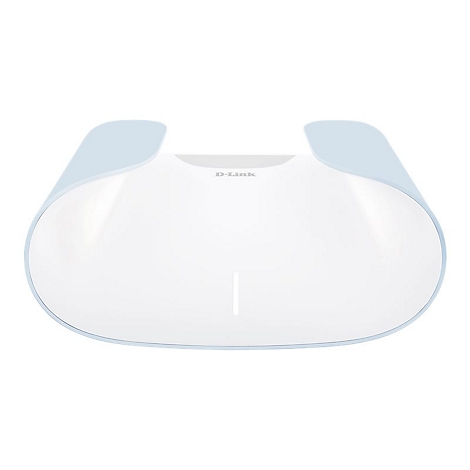 Hellblauer, ovalförmiger Router, weißes Zentrum, D-Link-Logo. Oben zwei hellblaue, abgerundete Ecken.