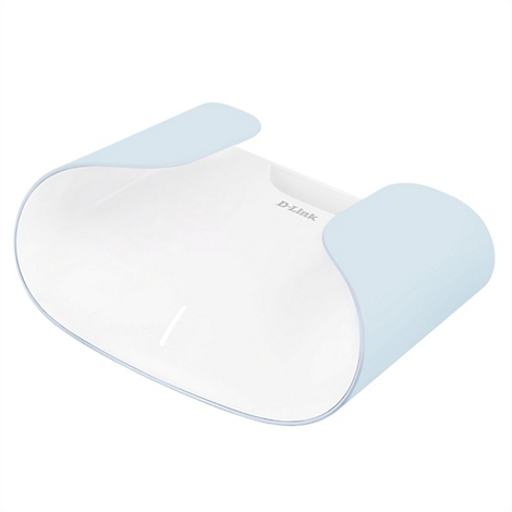 Draufsicht auf einen weißen Router mit hellblauen, geschwungenen Elementen. Der Schriftzug 'D-Link' ist sichtbar.