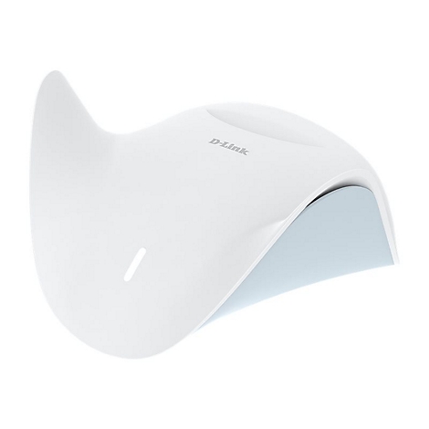 Weißes, geschwungenes D-Link-Gerät mit einer blauen Unterseite.