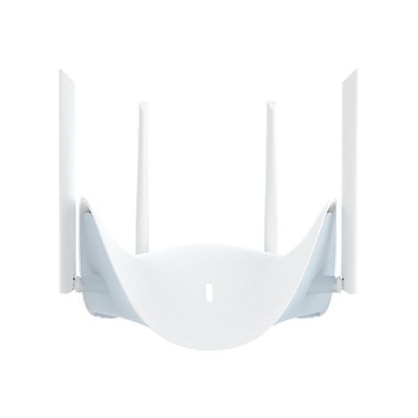 Ein weißer Router mit fünf Antennen vor weißem Hintergrund. Das Design ist modern und minimalistisch.