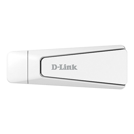Weißer D-Link WLAN-Adapter. Das Logo befindet sich auf einer rechteckigen Oberfläche.