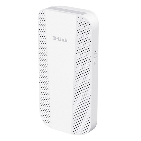 Weißer D-Link WLAN-Repeater mit perforierten Seitenteilen, D-Link-Logo und seitlicher Reset- und WPS-Taste.