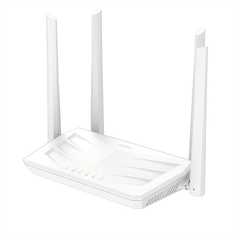 Weißer D-Link WLAN-Router mit vier externen Antennen auf weißem Hintergrund.