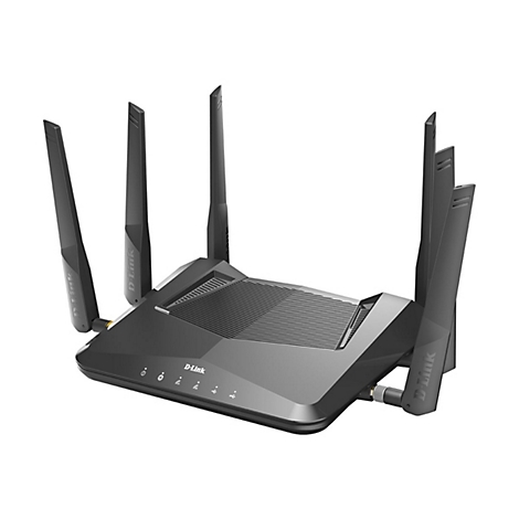 Routeur D-Link noir avec six antennes. Inscription : D-Link.