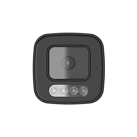 Schwarze Überwachungskamera mit quadratischem Gehäuse, zentrierter Linse und Leuchtfeldern unterhalb.