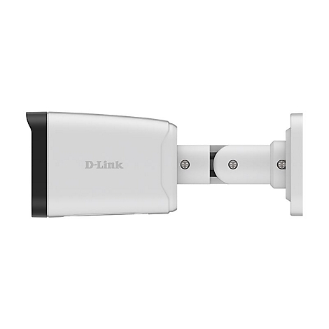Weiße D-Link Überwachungskamera mit Wandhalterung auf weißem Hintergrund.