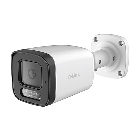 Weiße D-Link Bullet-Überwachungskamera vor weißem Hintergrund.