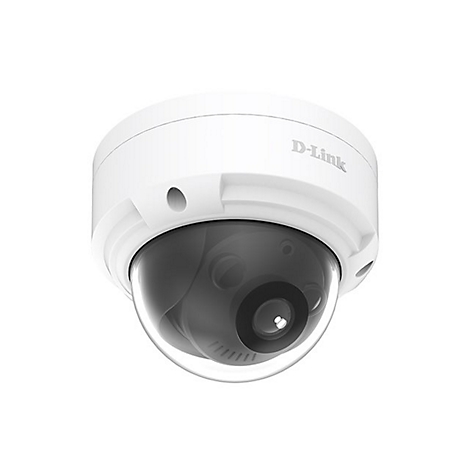 Weiße D-Link Dome-Überwachungskamera mit schwarzer Kuppel vor neutralem, weißem Hintergrund.