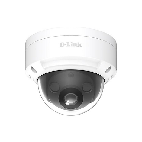 Weiße D-Link Dome-Überwachungskamera vor neutralem Hintergrund.