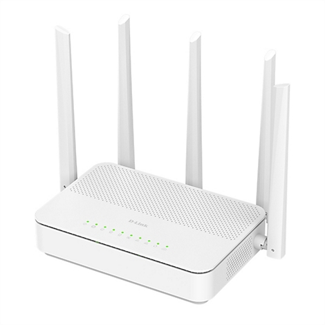Weißer D-Link WLAN-Router mit vier stehenden Antennen und leuchtenden grünen Status-LEDs auf weißem Grund.