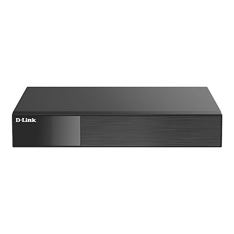 Schwarzes D-Link Netzwerkgerät in flacher Quaderform vor weißem Hintergrund.