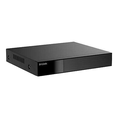 Schwarzer D-Link Rekorder in flacher, rechteckiger Form vor weißem Hintergrund.