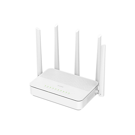 Weißer D-Link Router mit vier Antennen und grünen Status-LEDs auf weißem Hintergrund.