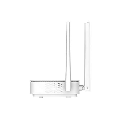 Seitenansicht eines weißen WLAN-Routers mit zwei vertikalen Antennen auf hellem Hintergrund.