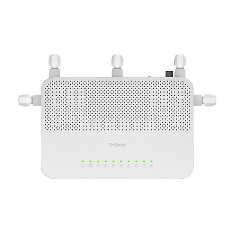 Weißer D-Link WLAN-Router mit fünf Antennen und Status-LEDs auf der Vorderseite.