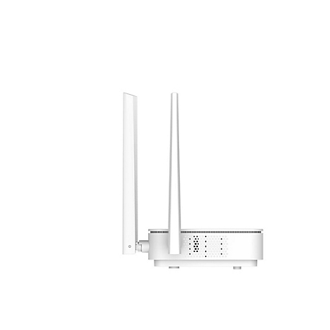 Seitenansicht eines weißen WLAN-Routers mit zwei Antennen vor weißem Hintergrund.