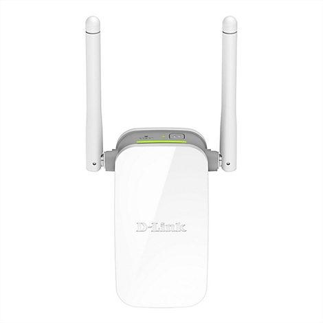 Ein weißer D-Link WLAN-Repeater mit zwei grauen Antennen auf weißem Hintergrund.
