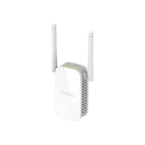 Ein weißer D-Link WLAN-Repeater mit zwei Antennen. Auf der Vorderseite das D-Link-Logo.