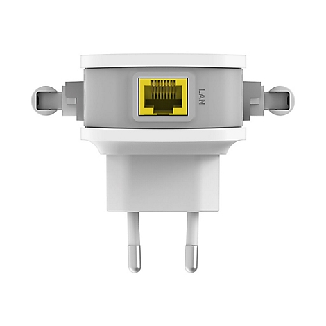 Weißer Adapter mit LAN-Anschluss, Steckern und Antennen. Auf grauer Oberfläche ist LAN beschriftet.