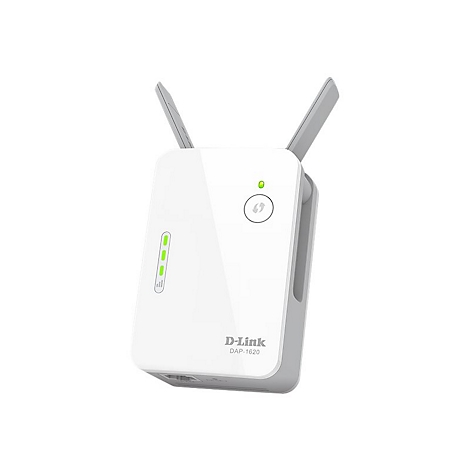 Un répéteur Wi-Fi D-Link blanc avec deux antennes. Des LED et un bouton avec une flèche sont visibles à l'avant.