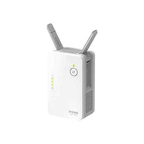 Répéteur Wi-Fi D-Link blanc avec deux antennes. Des indicateurs et un bouton sont à l'avant.