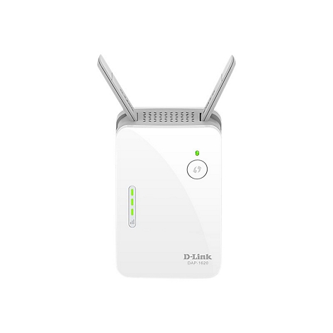 Répéteur wifi D-Link blanc avec deux antennes. Des LED et un bouton d'alimentation sont présents à l'avant.