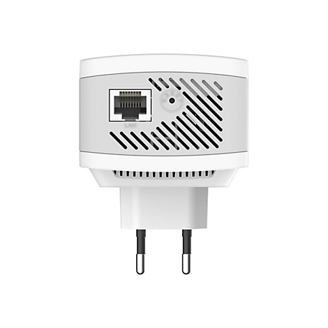 Un répéteur Wi-Fi blanc avec connexion LAN, bouton de réinitialisation et prise euro. Le répéteur est vu sur fond blanc.